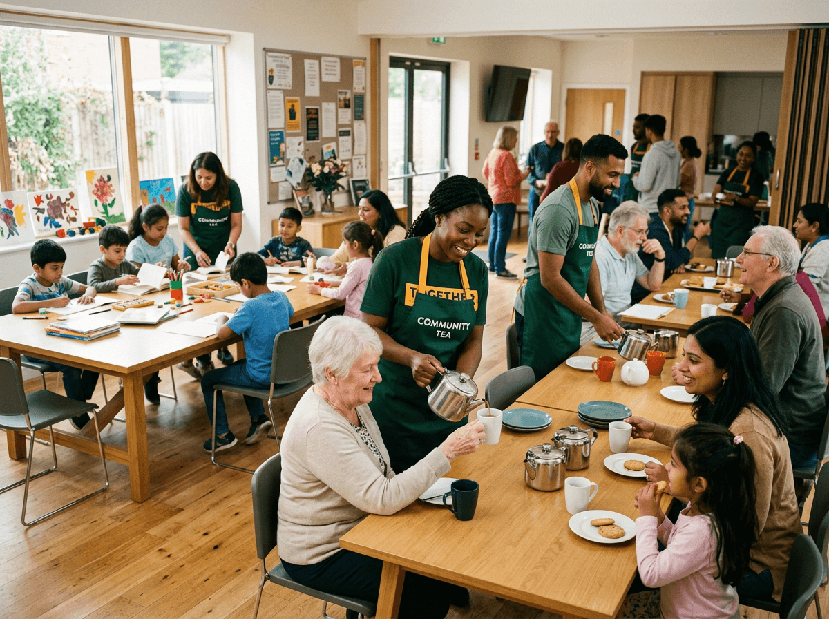Volunteers serving tea in a welcoming community hall